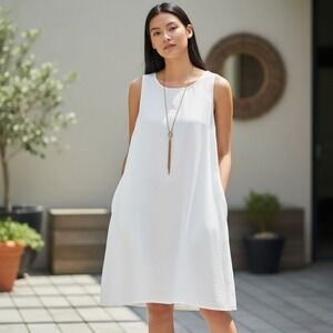 Tacera White Sleeveless Shift Dress Plus Size 2X with Gold Tassel Necklace